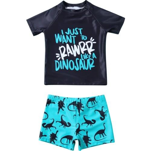 2021 New Summer Boy’s Beach Wear Cute 2Piece Split Swimsuits Unique Letter Printed Short Sleeve Tops and Cartoon Dinosaur Shorts