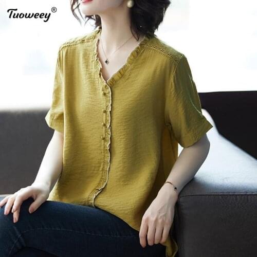Large womens short sleeved shirt womens 2021 summer new fashion chiffon V-neck loose and thin western style top fashion