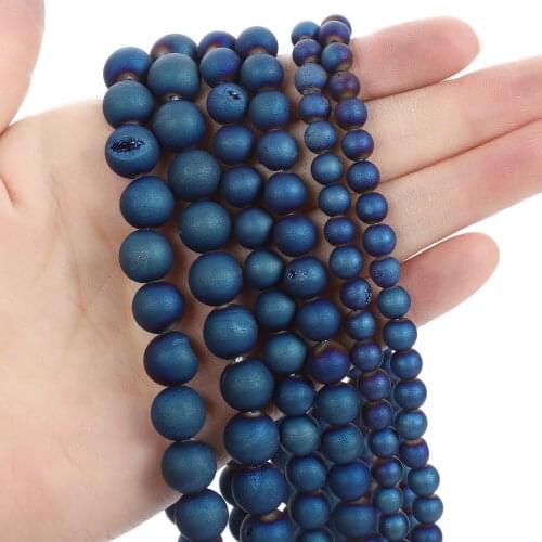 Natural Stone Beads Plated Sapphire Smile Agate Charm Round Loose Beads For Jewelry Making Needlework Bracelet Diy Strand 4-12MM