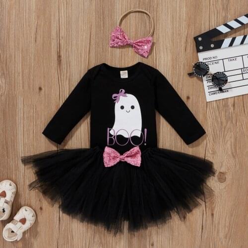 Toddler Baby kids Girls Cute clothes Halloween long sleeve cartoon Romper+bow Tutu Skirts+Headband children black casual Outfit