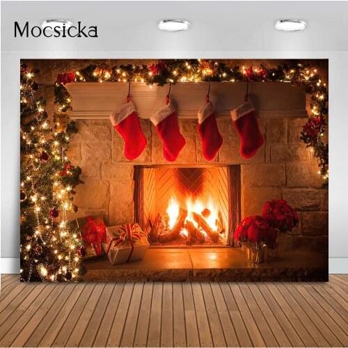 Red Fireplace Backdrop for Christmas Fireplace Photography Red Sock Kids Children Portrait Photo Booth Background Studio Props