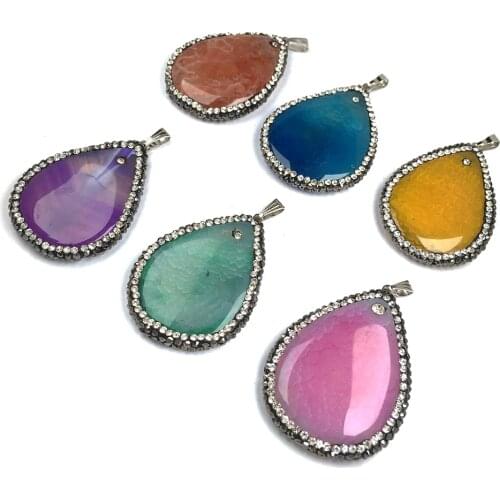Good Quality Natural Stone Pendants Charm Crystal Rhinestone Agates Necklace Pendant for Jewelry Making Size 35x45mm