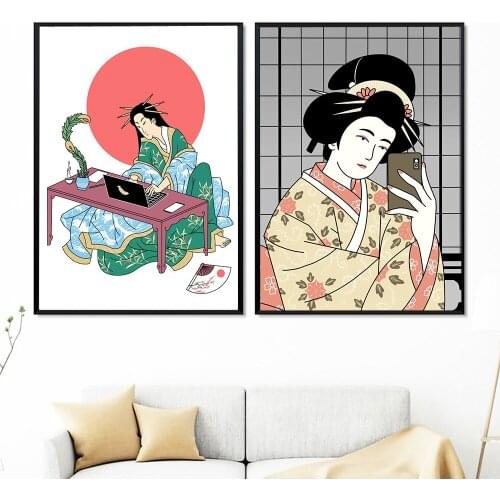 When Geisha take A Selfie Art Prints Painting Pictures Wall Art Abstract Geisha A Samurai Rider Nordic Canvas Posters Home Decor