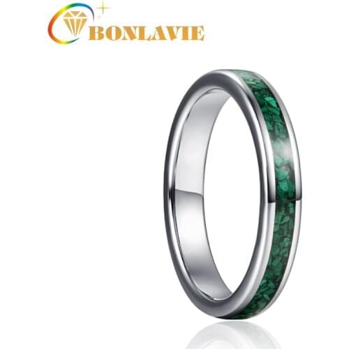 BONLAVIE 4mm Steel Color Inlaid Green Malachite Tungsten Carbide Ring Women Fashion Wedding Jewelry Engagement
