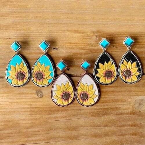 Leather Earring For Women Sunflower Water Drop Earring Fashion Jewelry Girl Present