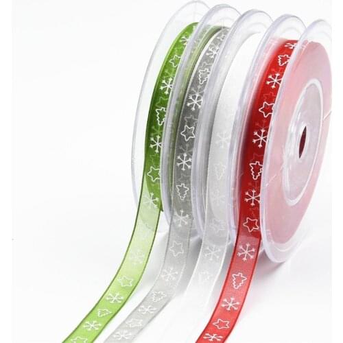 10Yards 10mm Organza Christmas Snowflake Red Green Ribbons Tape For Needlework Craft Decarotions Print Ribbons Handcraft DIY Bow