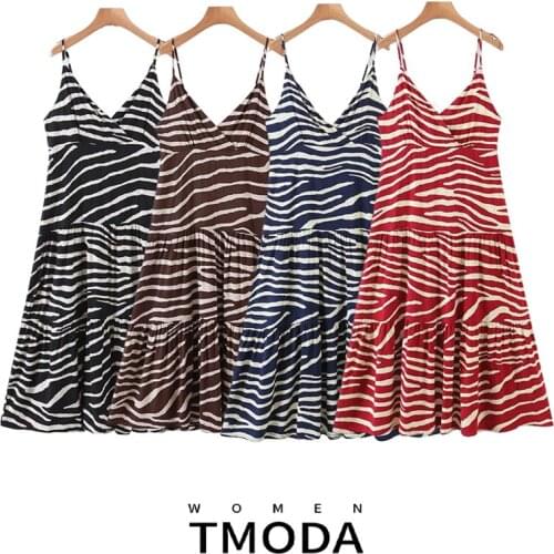 TMODA1418 Za 2021 Summer Women Zebra Print Streewear Dress Lady Sexy Sleeveless Beach Maxi Dress Female Party Dress Vestidos