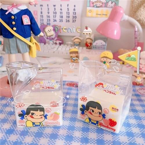 Kawaii Strawberry Square Milk Carton Glass Water Cup Creative Cute Home Breakfast Juice Coffee Mugs Clear Heat Resistant Tea Cup