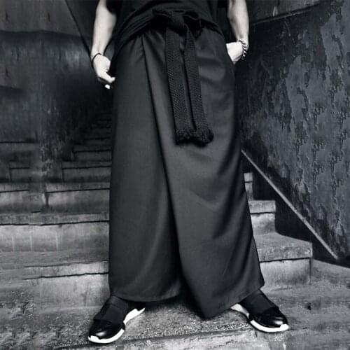 Men hip hop wide leg pants with weave belt Korean style mens casual harem pants vintage punk joggers pantskirt