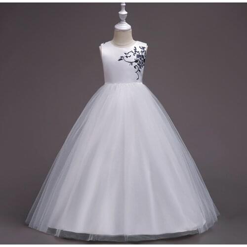 2021 New Girls Sleeveless Embroidery Floral Princess Dress Kids Elegant Party Prom Ball Gown Children Costume 4-15 Year