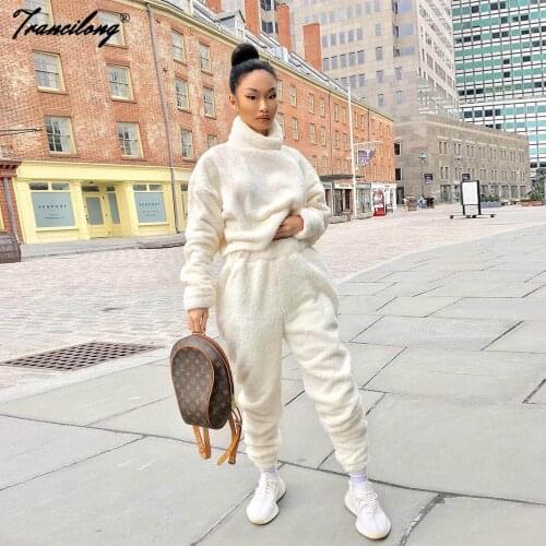 Soild Fleece Vetement Femme Turtleneck 2pcs Casual Two Piece Women Sets Home Lounge Wear Pullover Sweatsuit Conjuntos De Mujer