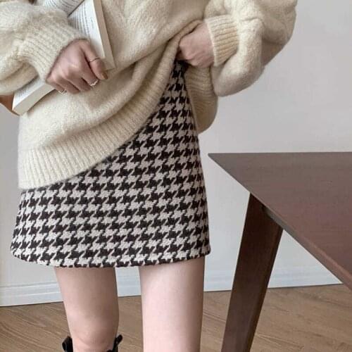 Autumn Winter Houndstooth Mini Skirt For Women Harajuku Casual Streetwear Ladies A Line Short Skirt