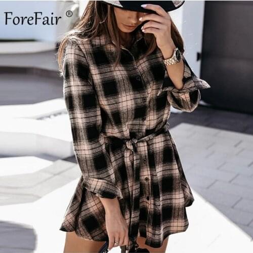 Forefair Autumn Women Dress Plaid Sexy Mini Tunic Long Sleeve Vintage Fashion Party Women Dresses