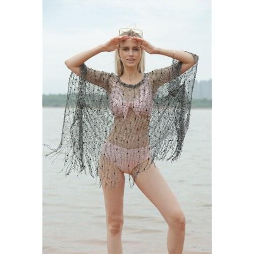 H80&S90 Sexy Sequin 7 Colors Ponchos Capes Women Beach Scarf Sexy Bikini Hollow Coat Loose O-Neck Shawls Ladies' Party Dress