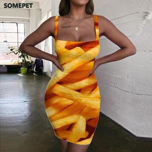 SOMEPET Fries Dresses Women Food Ladies Dresses Graphics Halter Sleeveless Harajuku Vestido Sexy Womens Clothing Plus Size Beach