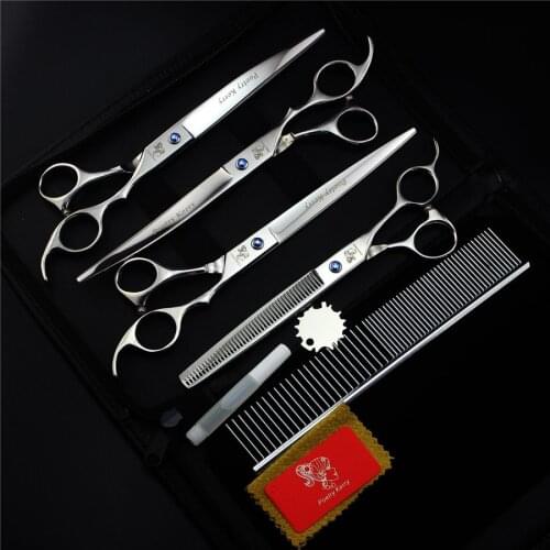 8.0 Inch Professional Pet Grooming Scissors Sharp Edges Cutting +2 Curved + Thinning Scissors 4 PCS Set For Dog Grooming Silver