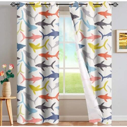 Cute Shark Printed Curtains for Kids Room Cute Blue Curtains for Boys Girls Room Semi Blackout Curtains for Children Room