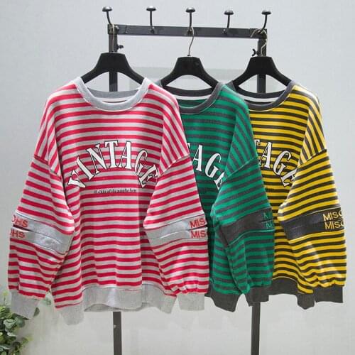 Early Autumn Women Sweatshirt for Teenager Girls O Neck Striped Tops Batwing Broken Sleeve Letter Print Loose Pullovers Mujer