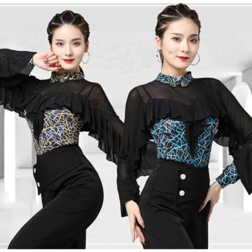 Long Sleeve Latin Dance Tops Fashion Ruffle Shirt Ballroom Dancing Practice Wear Women TangoPerformance Stage Costume VDB3739