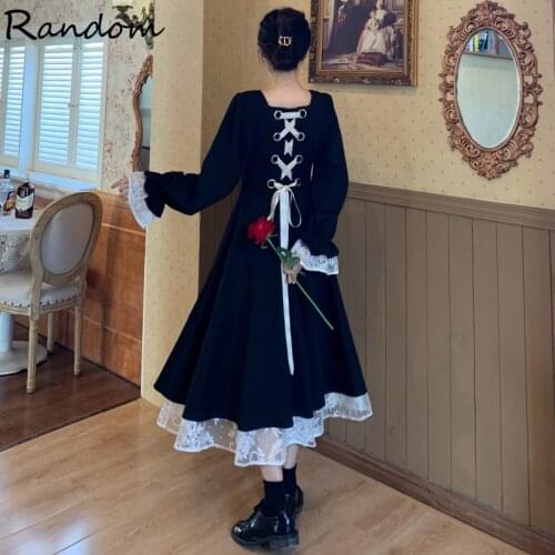 Vintage Lolita Black Lace Patchwork Dress Women Square collar Long Sleeve Elegant Bandage Festival Dress Robe Femme Plus Size