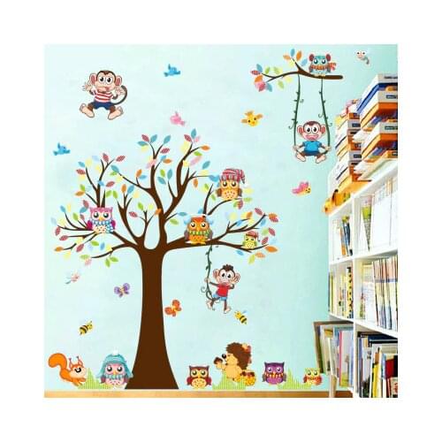 Cartoon Owl on the Tree Vinyl Wall Stcker Home Decal Swing Monkey Animal Friend Kids Rooms Wall Decor Nursery Wall Art Wallpaper