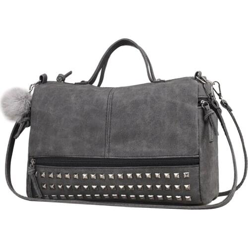 Vintage Nubuck Leather Ladies Handbags Rivet Larger Women Bags Hair Ball Shoulder Bag Motorcycle Messenger Bag Top-Handle Bag