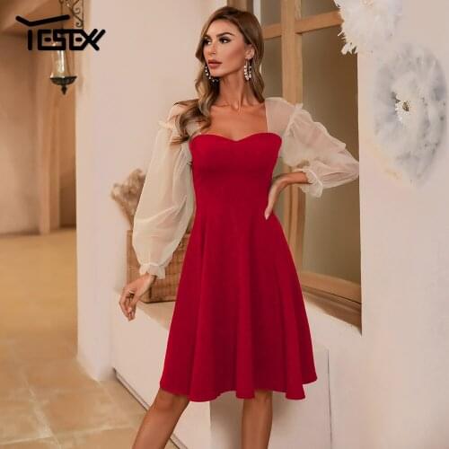 Yesexy See Through Lantern Sleeve Mini Dress Elegant Sexy Female Red Backless Lace Dress Prom Wedding Party Casual Dress