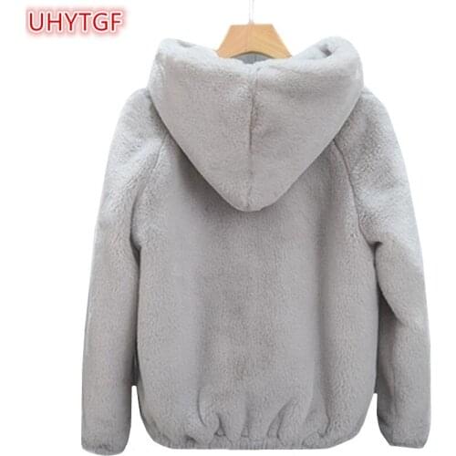 UHYTGF Winter New Faux Mink Long Sleeve Women Fur Coat Hooded Zipper Classic Generous Golden Ratio Warm Practical Fur Jacket 210