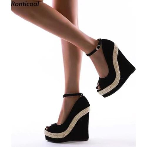 Ronticool 2021 Handmade Women Pumps Hemp Rope Ankle Strap Buckle Wedges Heel Round Toe Black Party Shoes Women US Plus Size 5-20