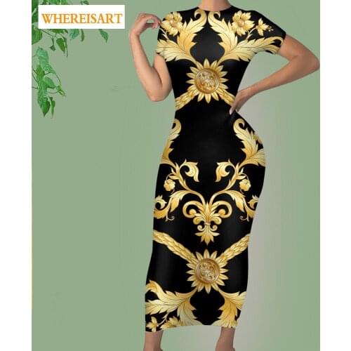 WHEREISART 2021 Luxury Floral Pattern Bodycon Dress Women Summer Golden Short Sleeve Sexy Robe Femme Beach Big 4XL Dropship
