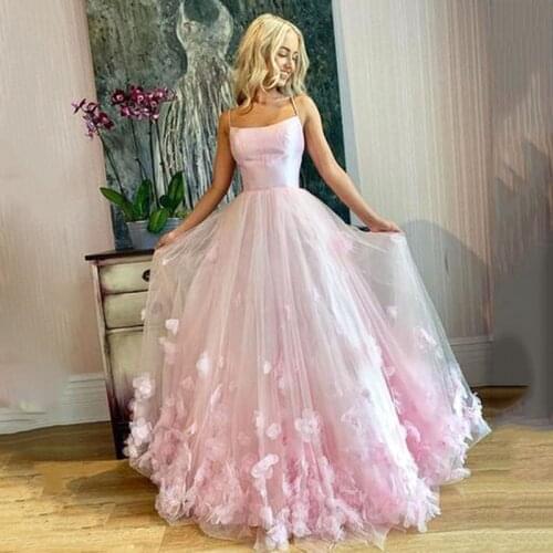 Elegant Pink Sweet 16 Prom Dress Tulle Spaghetti Straps 3D Flowers Lace Tulle Ball Gown Evening Dress Women Formal Party Gowns