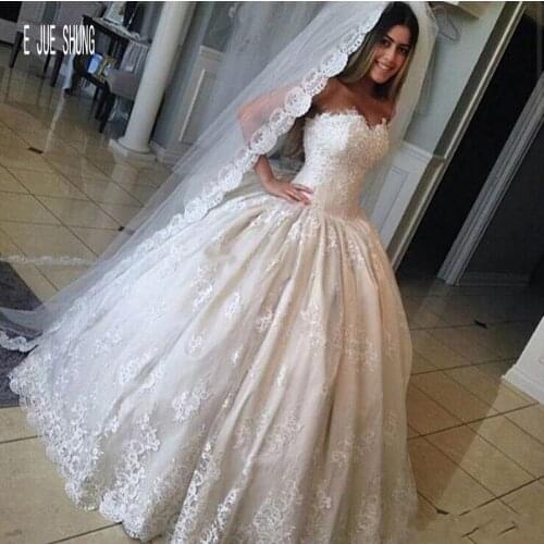E JUE SHUNG Full Lace Appliques Wedding Dresses Dubai Ball Gown Sweetheart Neck Lace Up Back Bridal Dresses robe de mariee