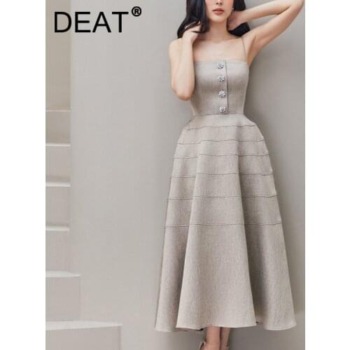 DEAT Woman Midi Dress Banquet Button Spaghetti Strap Slim Elegant Fashion Formal Style Ball Gown Dresses 2021 New Summer 15XM028