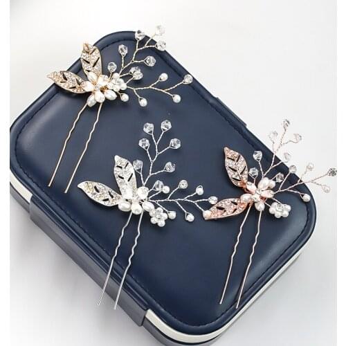 1PCS Gold Flower Leaf Shape Hair Stick Pearl Clip Vintage Handmade Hairpin Wedding Hair Accessories Crystal Bridal Women Jewelry