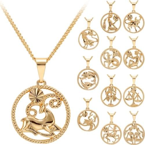 12 Constellations Embossment Pendant Necklace Copper Zodiac Animal Sign Chain Necklace Gold Color Horoscope Women Jewelry Gift