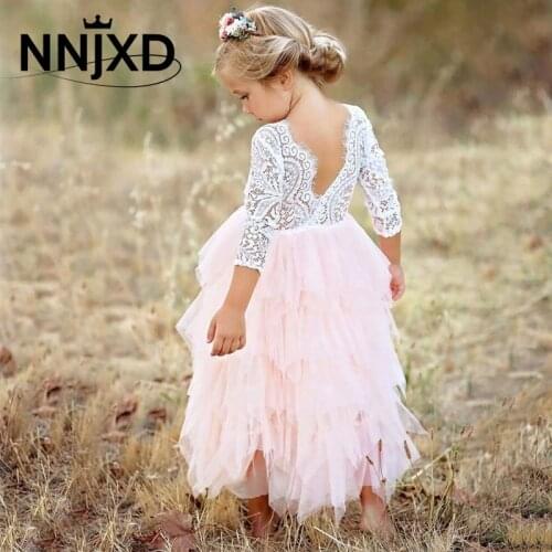2020 Summer Autumn Girls Princess Dress Lace Party Dress Back Hallow Out Kids Vintage Vestido Flower Children Clothes 3 to 8 yrs