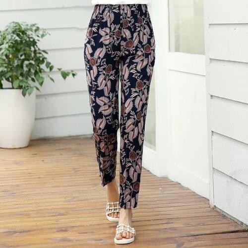 2021 Summer Middle Aged Women Pants Casual Elastic Waist Straight Pants Loose Thin Floral Print Trousers Plus Size XL-5XL