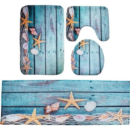 4 Pcs Beach Seashells Starfish Sand Bath Mat Holidays Summer Bathroom Carpet Rug, 1 Pcs 40X120cm & 3 Pcs 44x75cm