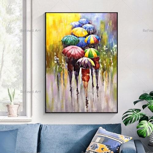 Abstract Hand Painted Pedestrians Holding Umbrellas In Rainy Street Oil Painting on Canvas Figure Wall Art for Living Room