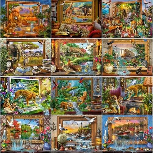 Diy 5d Full Diamond Embroidery Square Round Diamond Painting Tiger Lion Animal World Mosaic Furniture Decoration Hobby Gift