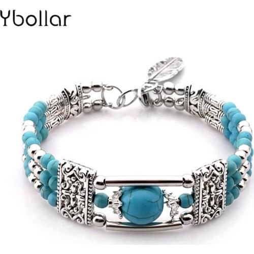 Women Turquoises Bracelet Fashion Alloy Round Beads Vintage Antique Silver Color Leaf Pendant Bangles Charm Jewelry
