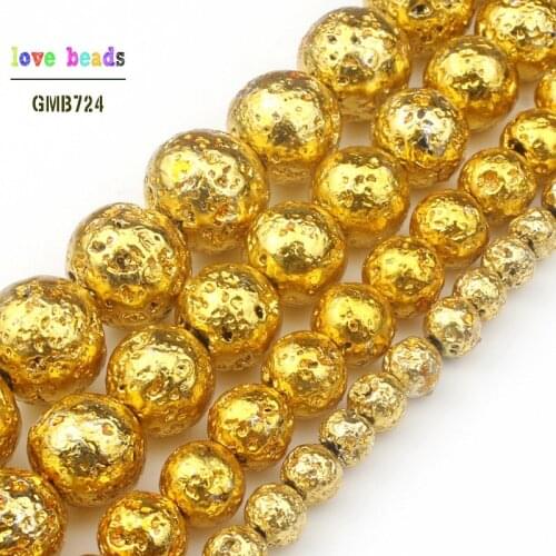 Natural Stone Gold Lava Round Loose Beads 4mm 6mm 8mm 10mm DIY Necklace Bracelet Jewelry Making Accessories
