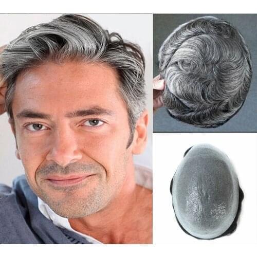 BYMC Fine Mono Mens 100% Grey Human Hair Toupee For Men Hairpiece Remy Indian Hair Mens Wig Replacements Soft Natural Looking