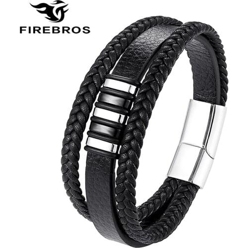 FIREBROS 2021 Black Metal Beads Charms Stainless Steel Magnet Clasp Genuine Multilayers Leather Bracelet Bangle Men Jewelry Gift