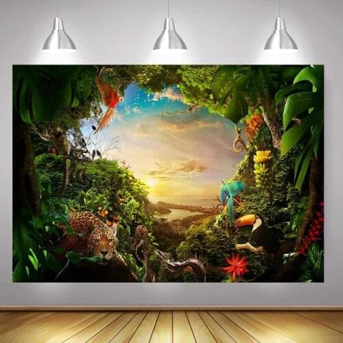 Photography Backdrop Fantasy Forest Wildlife Animals Leopard Parrot Background For Photo Studio