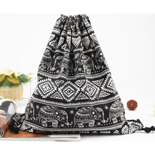 New Elephant Retro Canvas Bag Shoulder Backpack Small Fresh Drawstring Bag Fashion Womens Bundle Bag
