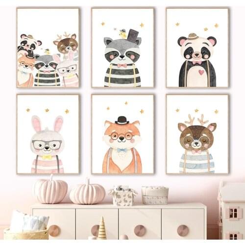 Kawaii Bear Rabbit Raccoon Fox Panda Bird Baby Wall Art Canvas Painting Nordic Posters And Prints Wall Pictures Kids Room Decor