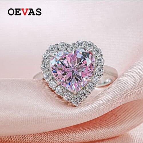 OEVAS 925 Sterling Silver Engagement Party Rings For Women Sparking Full Zircon Red Pink Heart Wedding Bride Band Jewelry Gifts