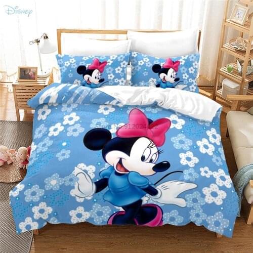 Blue Minnie Mouse Pattern Bedding Set 3d Kids Disney Duvet Cover with Pillowcase Twin Full Queen King Size Bedroom Decor 2/3pcs