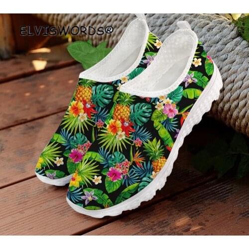 ELVISWORDS Summer Womens Shoes Casual Sneakers Flats Tropical Pineapple Hawaii Style Ladies Air Mesh Breathable Slip-on Shoes
